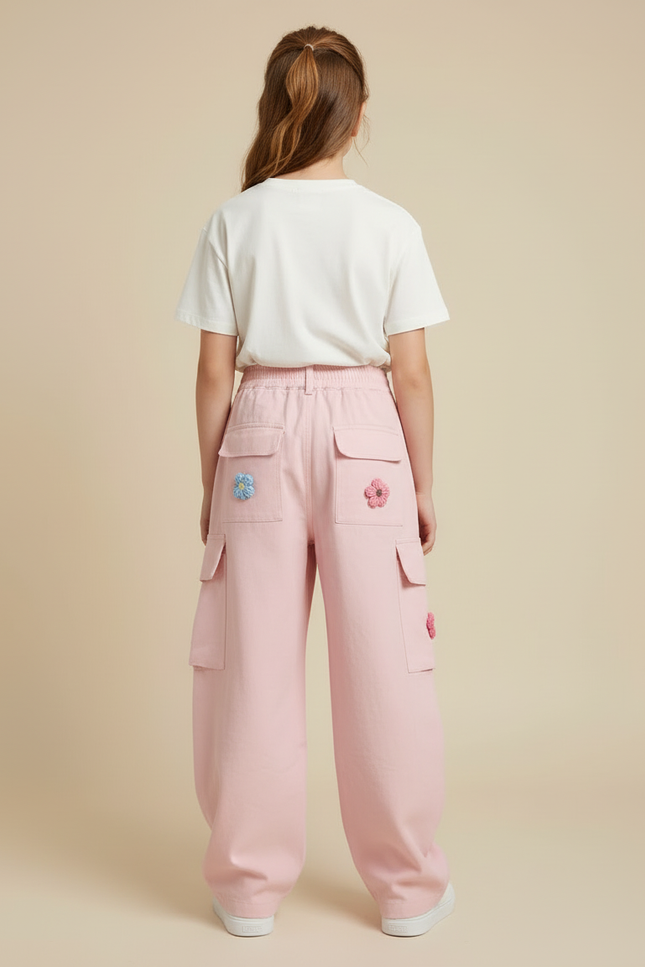 Pantalon Cargo Rose Ample Broderie Fleurs Fille - Toile - vue 2