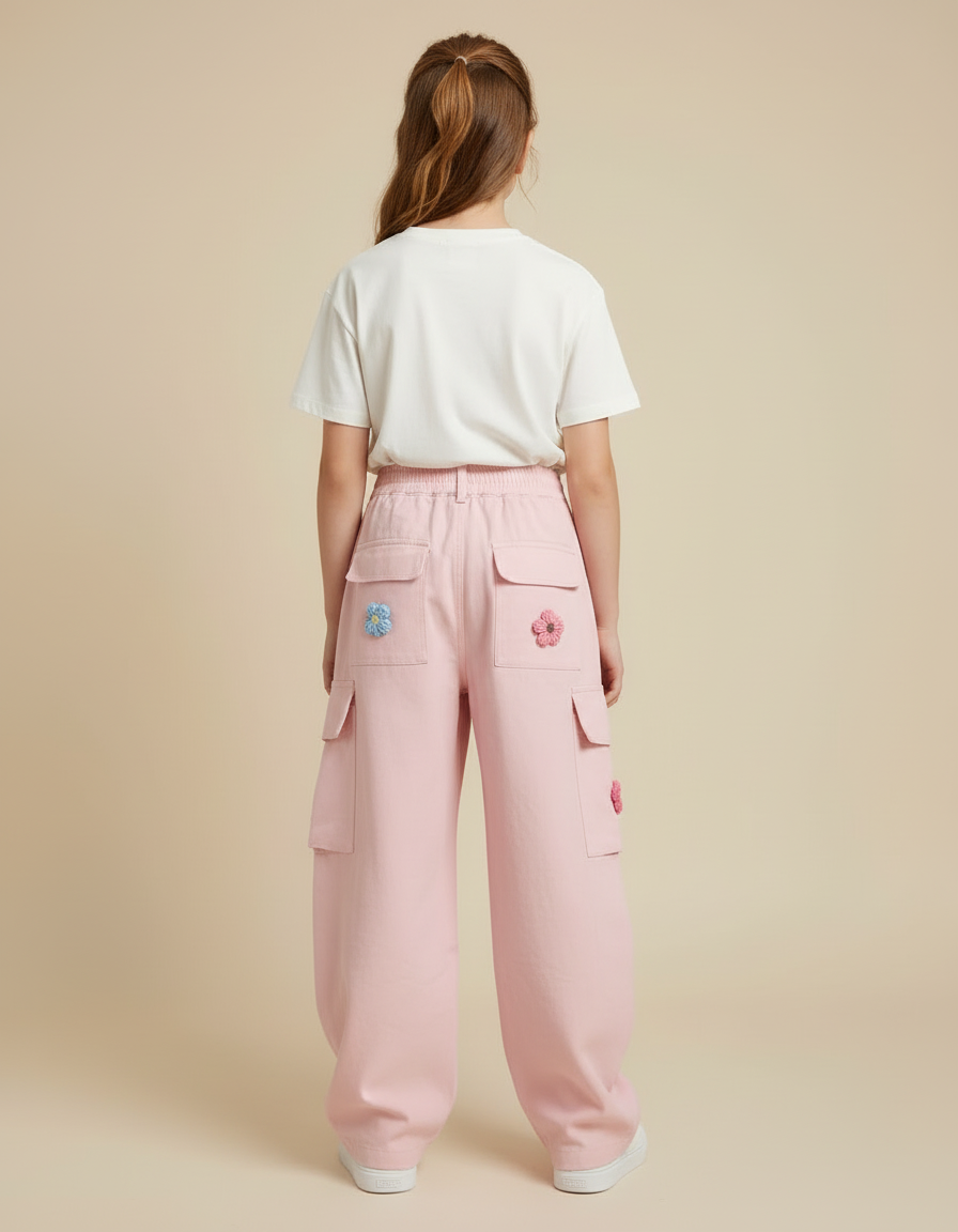 Pantalon Cargo Rose Ample Broderie Fleurs Fille - Toile - vue 2