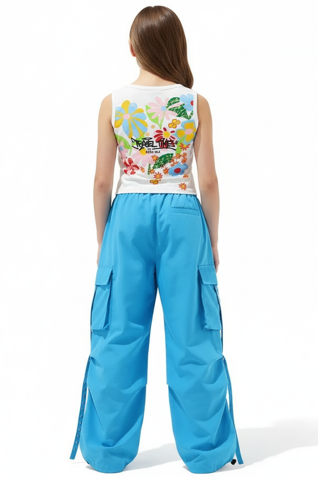 Pantalon Cargo Ample Bleu Multipoches Streetwear - Polyester