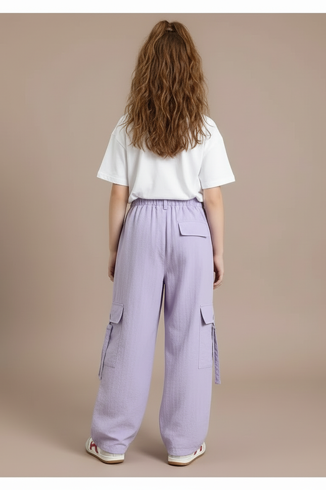 Pantalon Cargo Violet Ample Fluide Multipoches Fille - Lin - vue 2