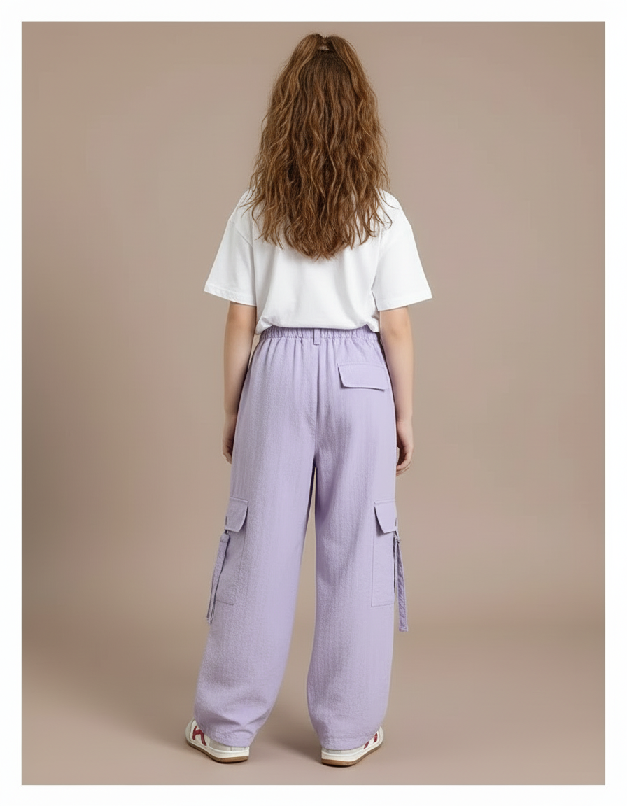 Pantalon Cargo Violet Ample Fluide Multipoches Fille - Lin - vue 2