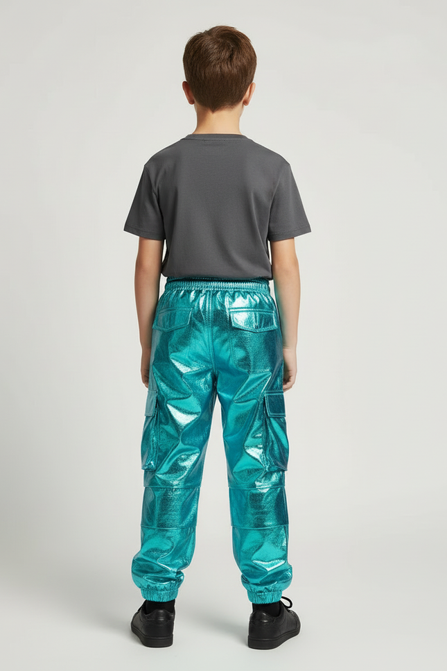 Pantalon Cargo Brillant Turquoise Ample Garçon Streetwear - Bleu Polyester - vue 2