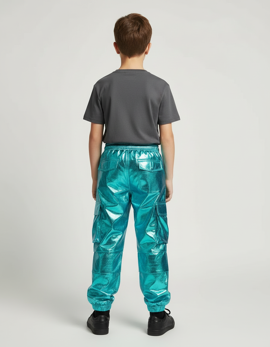 Pantalon Cargo Brillant Turquoise Ample Garçon Streetwear - Bleu Polyester - vue 2