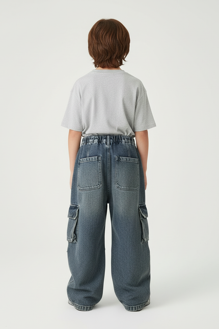 Pantalon Cargo Jean Ample Délavé Multipoches Enfant - Bleu - vue 2
