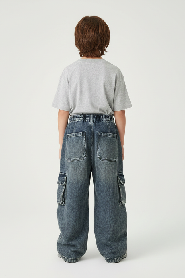 Pantalon Cargo Jean Ample Délavé Multipoches Enfant - Bleu - vue 2