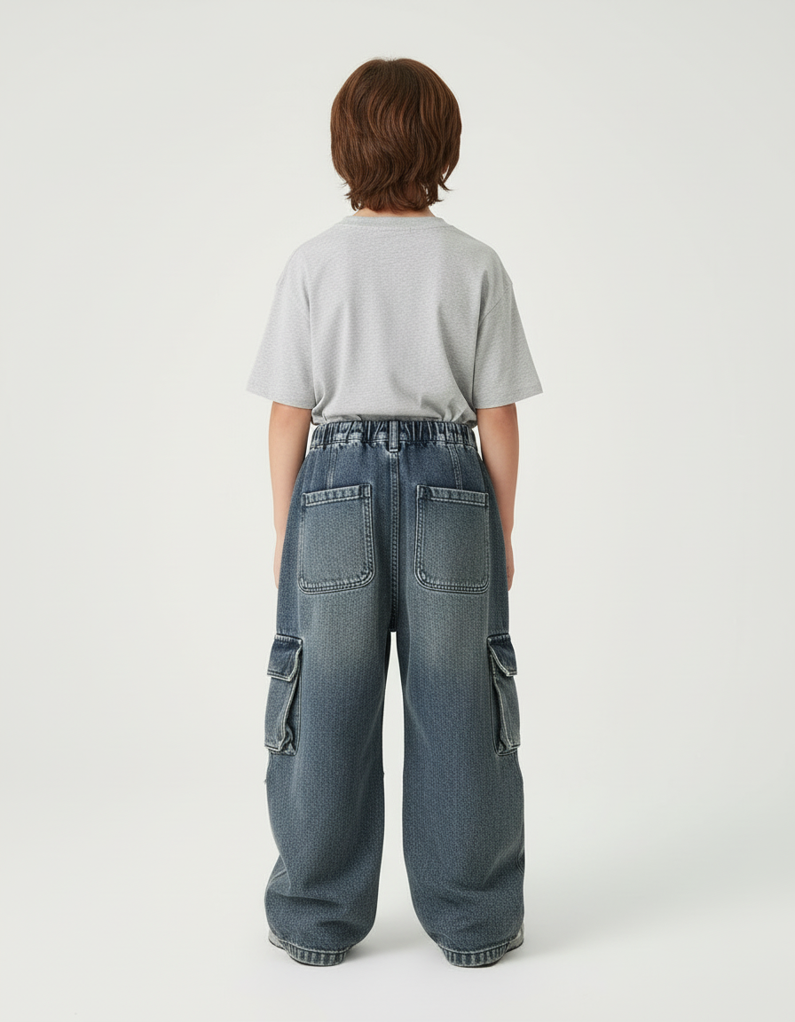 Pantalon Cargo Jean Ample Délavé Multipoches Enfant - Bleu - vue 2