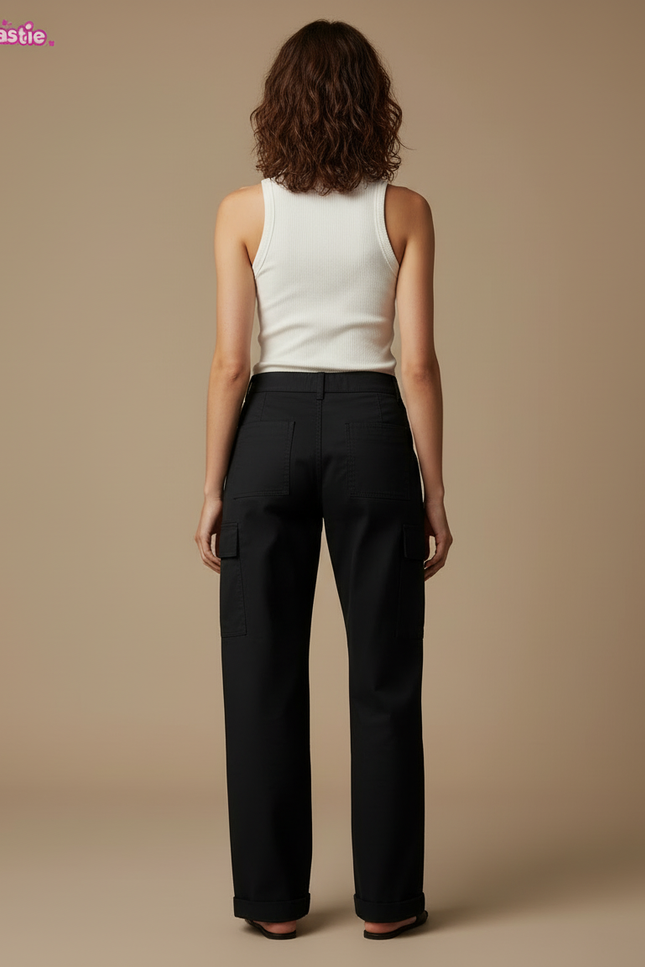 Pantalon Cargo Noir Ample Décontracté Femmes Coton - vue 2