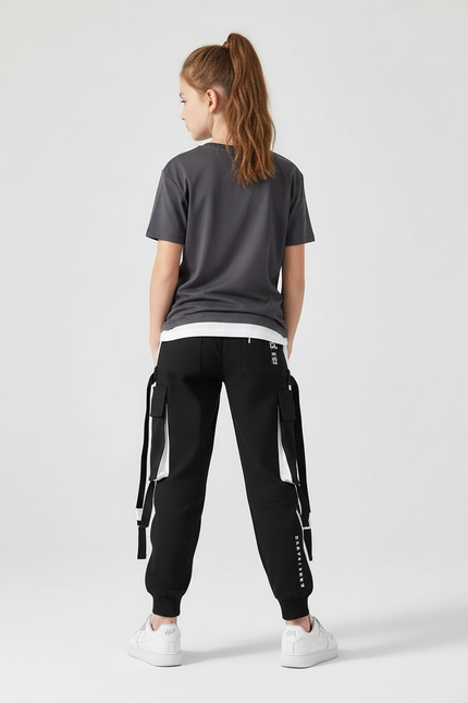 Pantalon Cargo Noir Ample Multipoches Fille Urbain - Molleton - vue 2