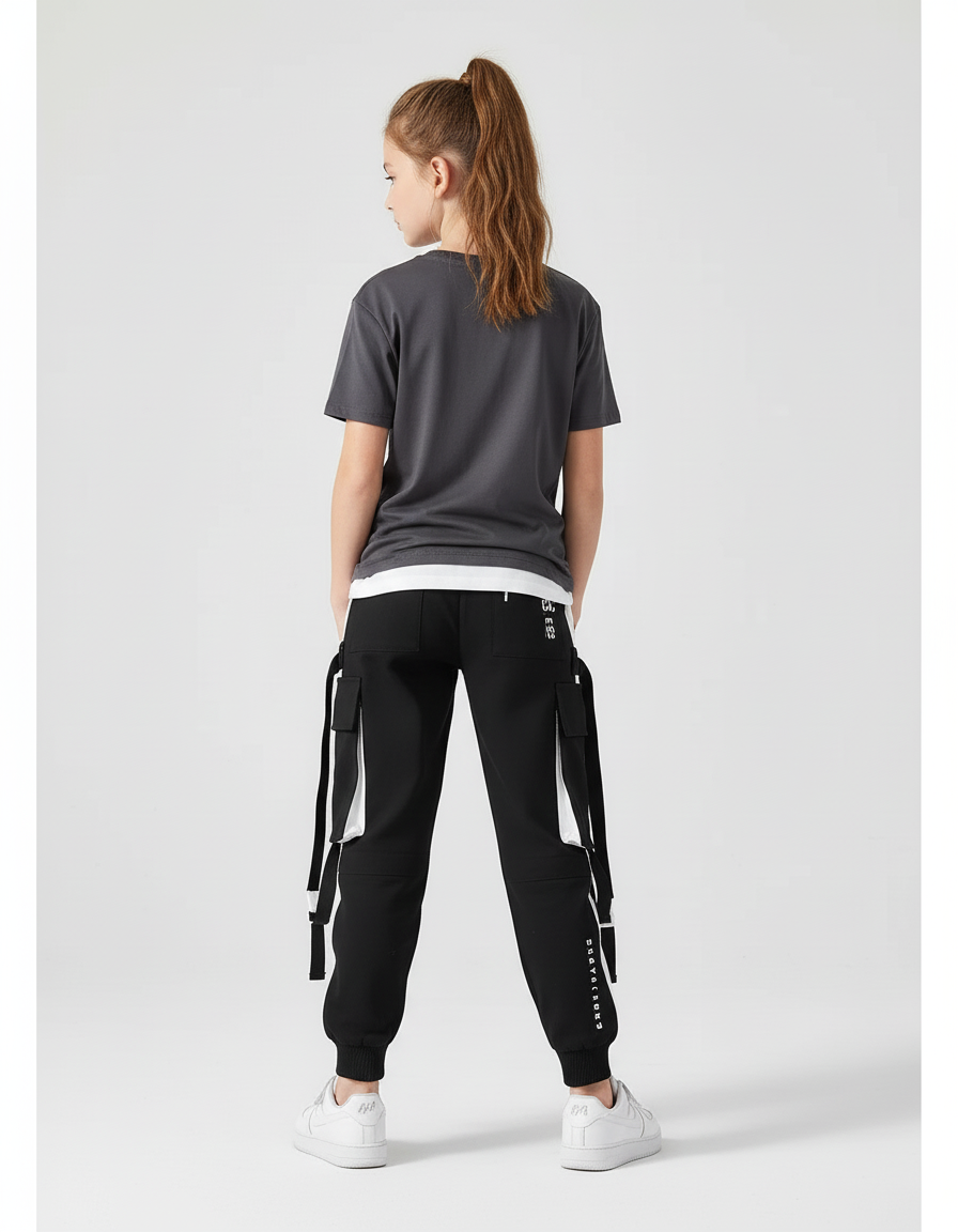 Pantalon Cargo Noir Ample Multipoches Fille Urbain - Molleton - vue 2