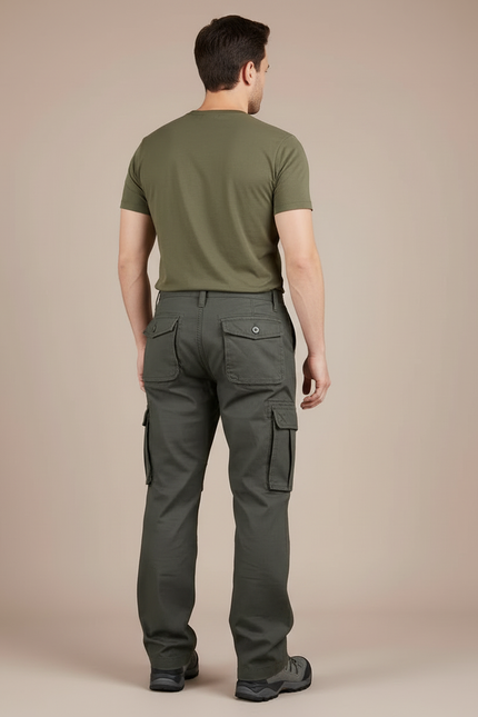 Pantalon Cargo Vert Militaire Coton Multipoches Homme - Kaki Toile - vue 2