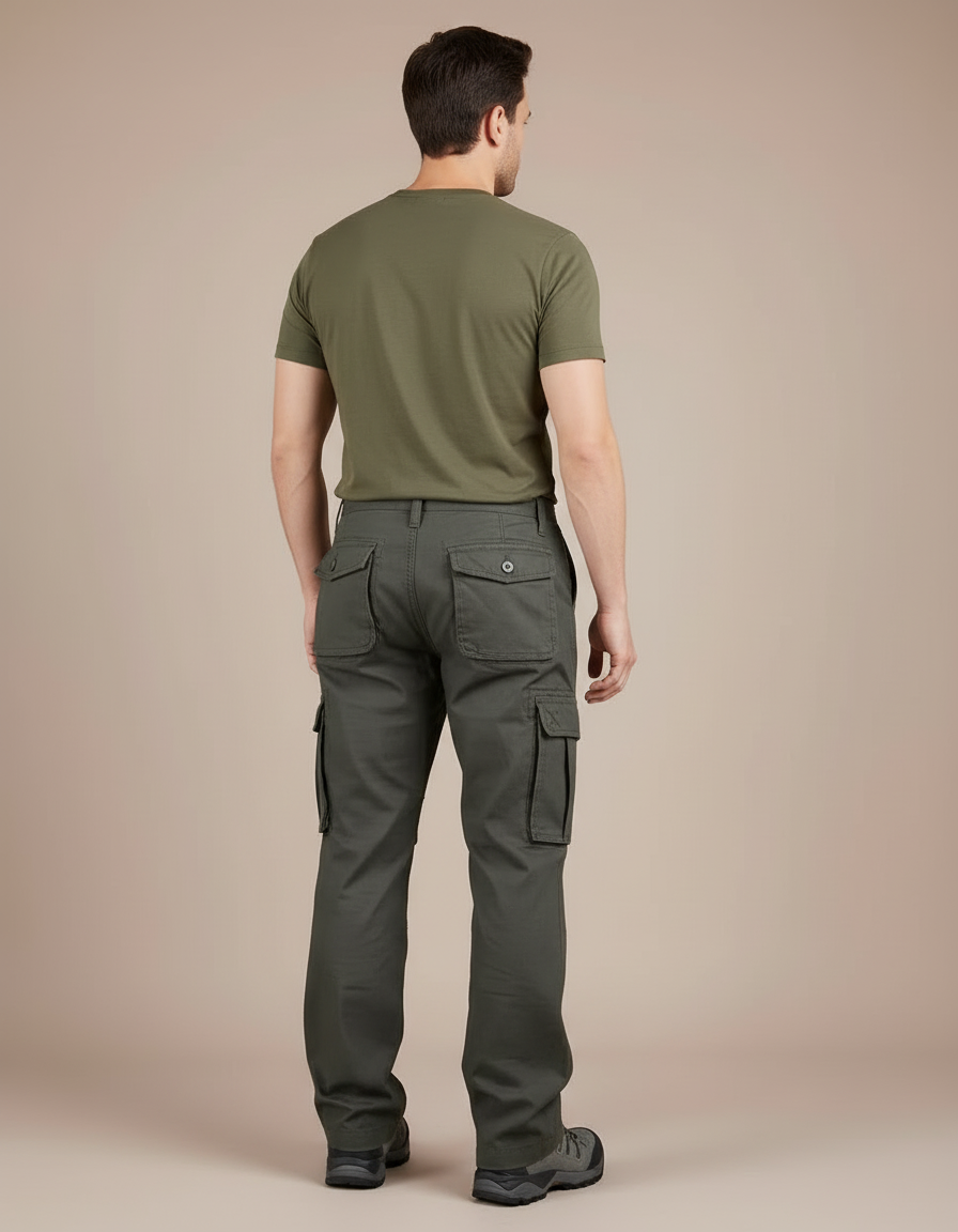 Pantalon Cargo Vert Militaire Coton Multipoches Homme - Kaki Toile - vue 2