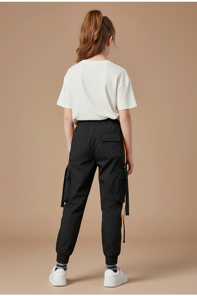 Pantalon Cargo Noir Ample Bandes Jaunes Enfant - Polyester - vue 2