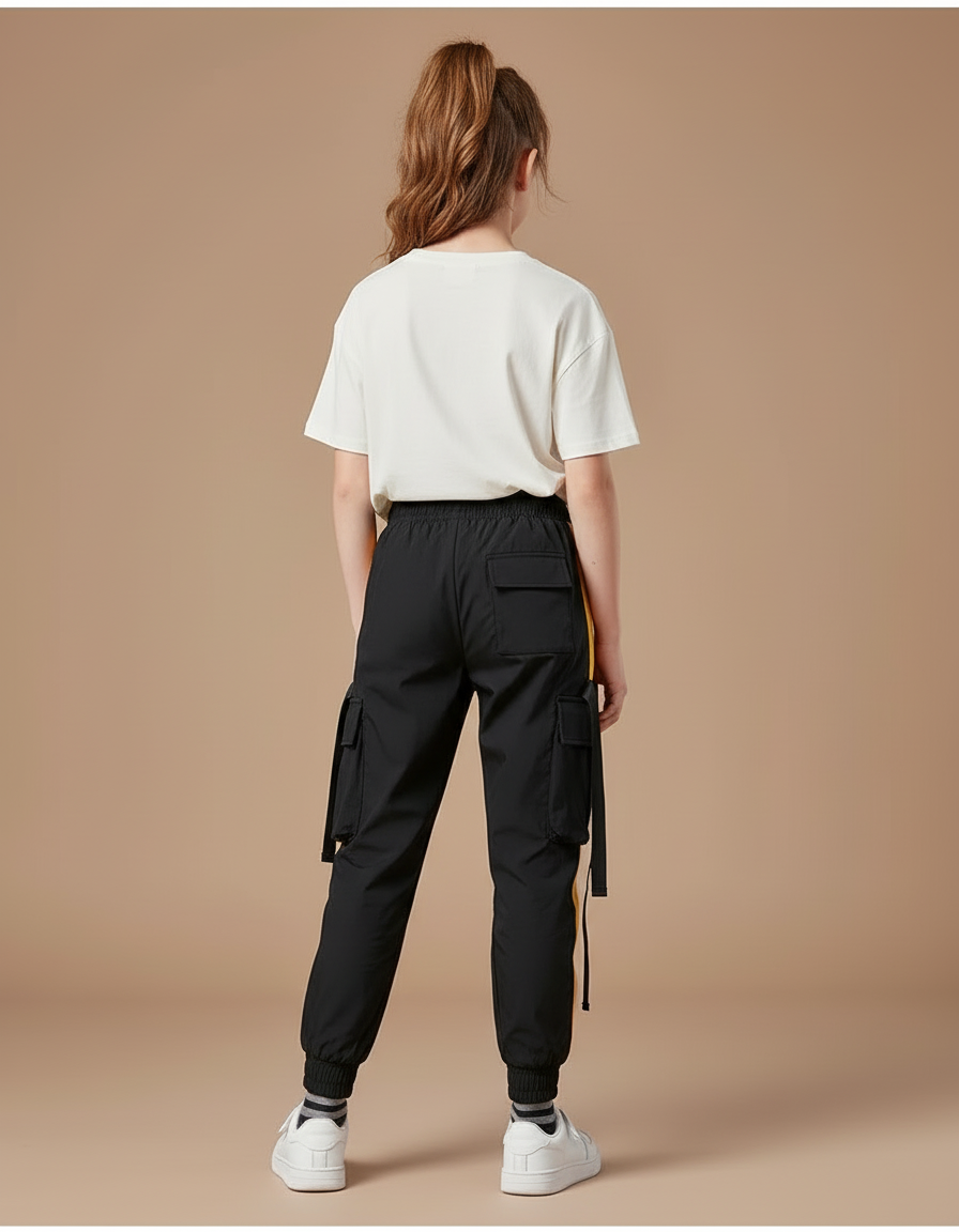 Pantalon Cargo Noir Ample Bandes Jaunes Enfant - Polyester - vue 2