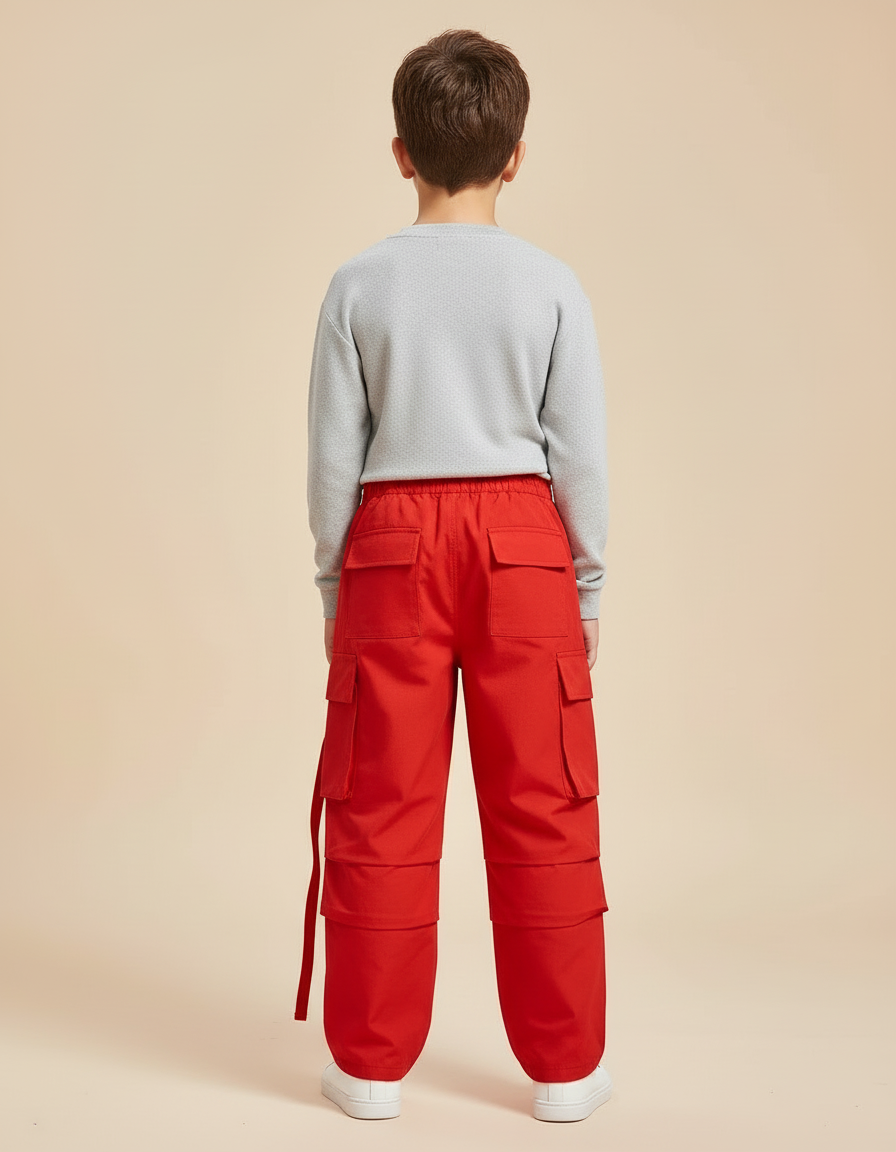 Pantalon Cargo Rouge Ample Streetwear Poches Garçon - Toile - vue 2