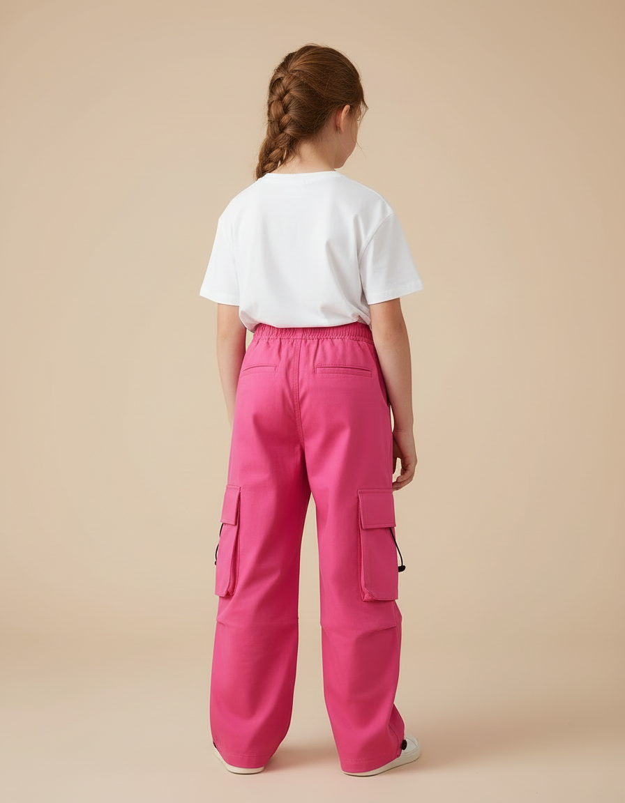 Pantalon Cargo Rose Fuchsia Ample Fille Multipoches - Gabardine - vue 2