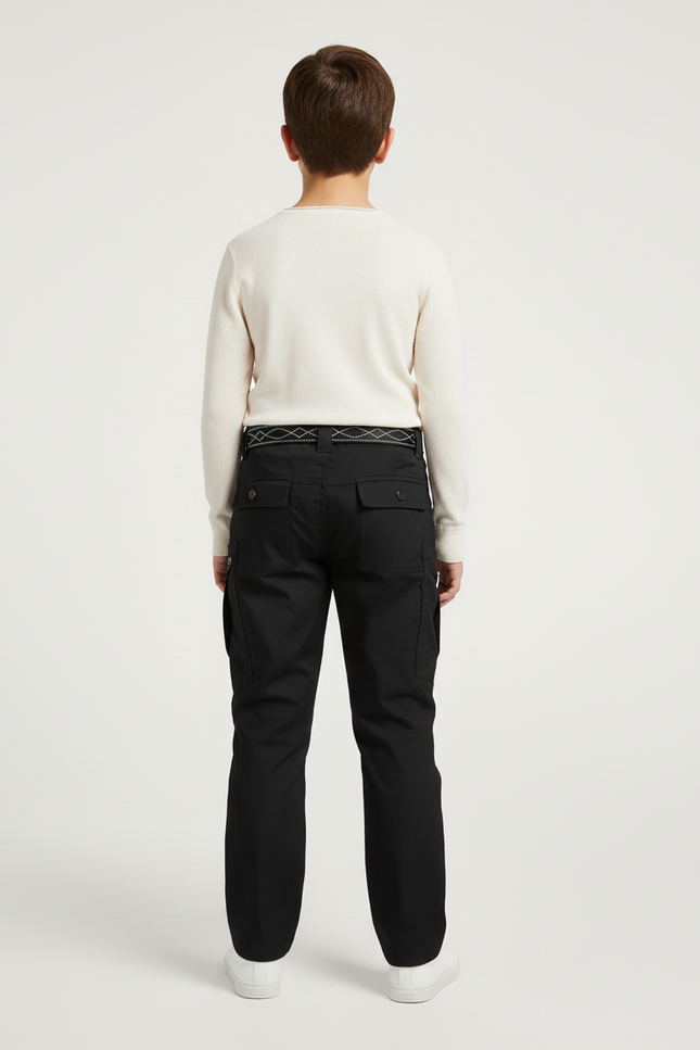 Pantalon Cargo Noir Décontracté Multipoches Ceinturé Enfant - Toile - vue 2