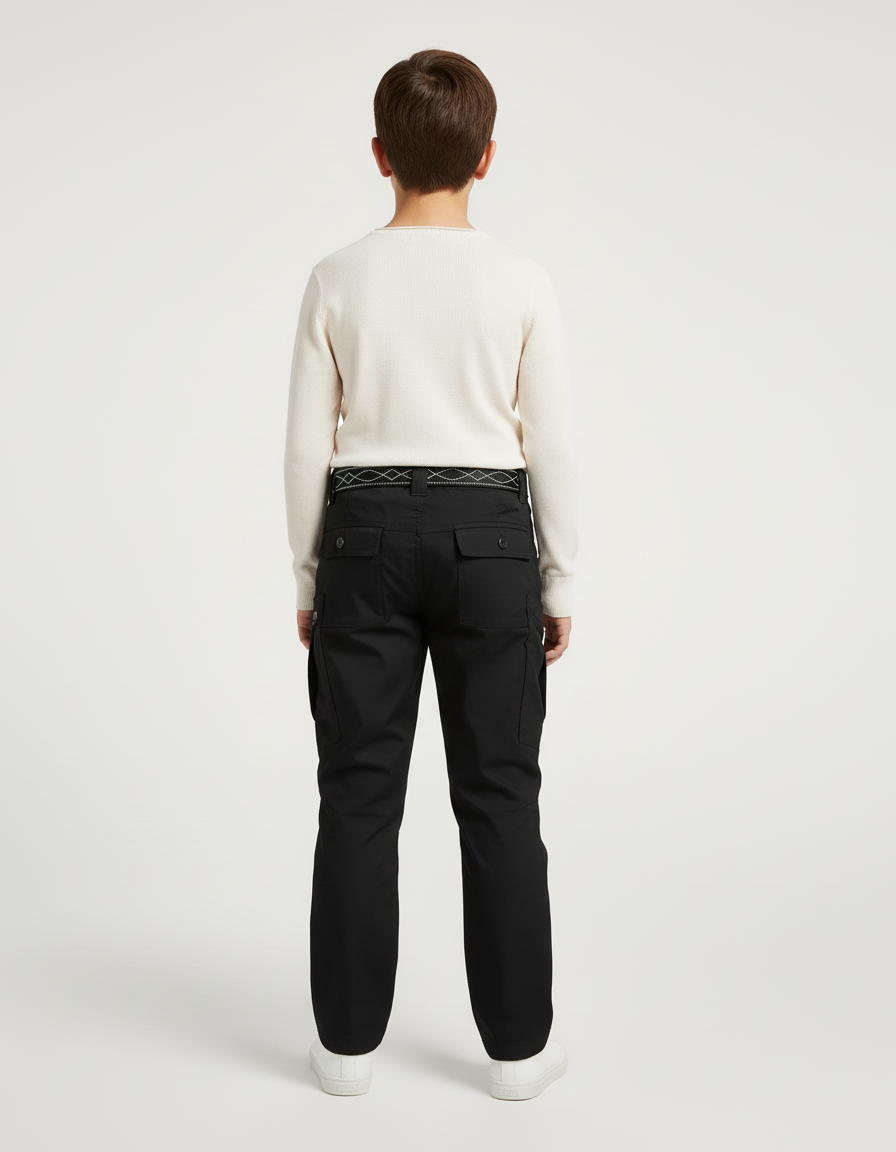 Pantalon Cargo Noir Décontracté Multipoches Ceinturé Enfant - Toile - vue 2