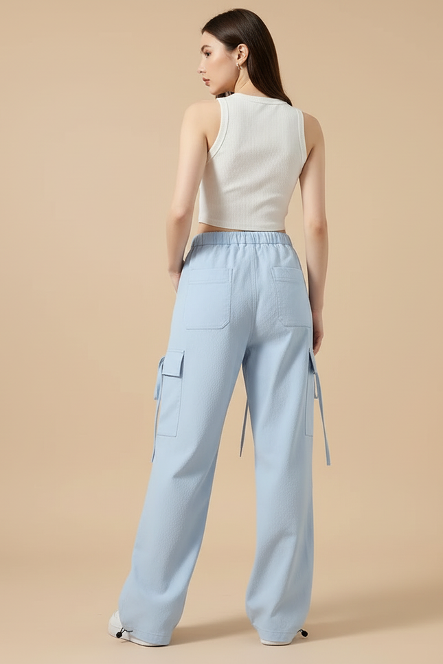 Pantalon Cargo Bleu Clair Ample Taille Haute - Coton - vue 2