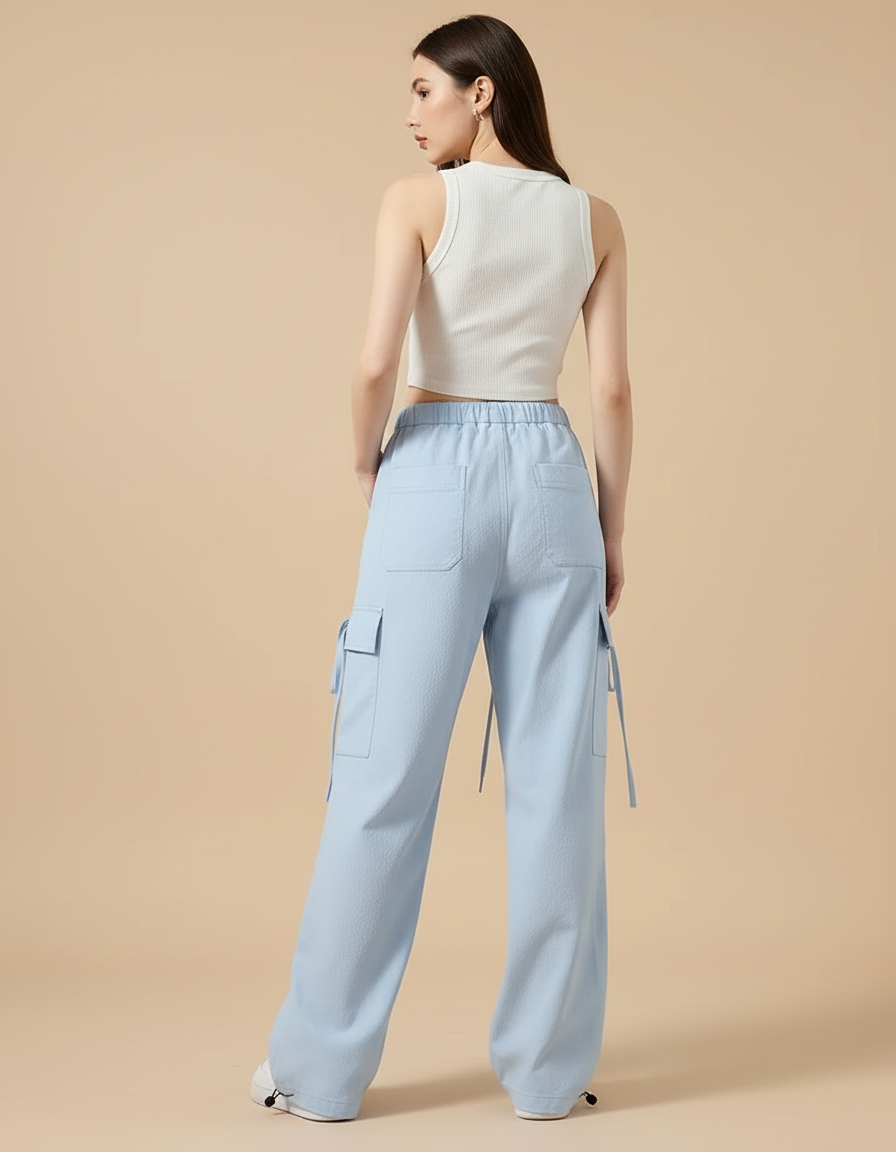 Pantalon Cargo Bleu Clair Ample Taille Haute - Coton - vue 2