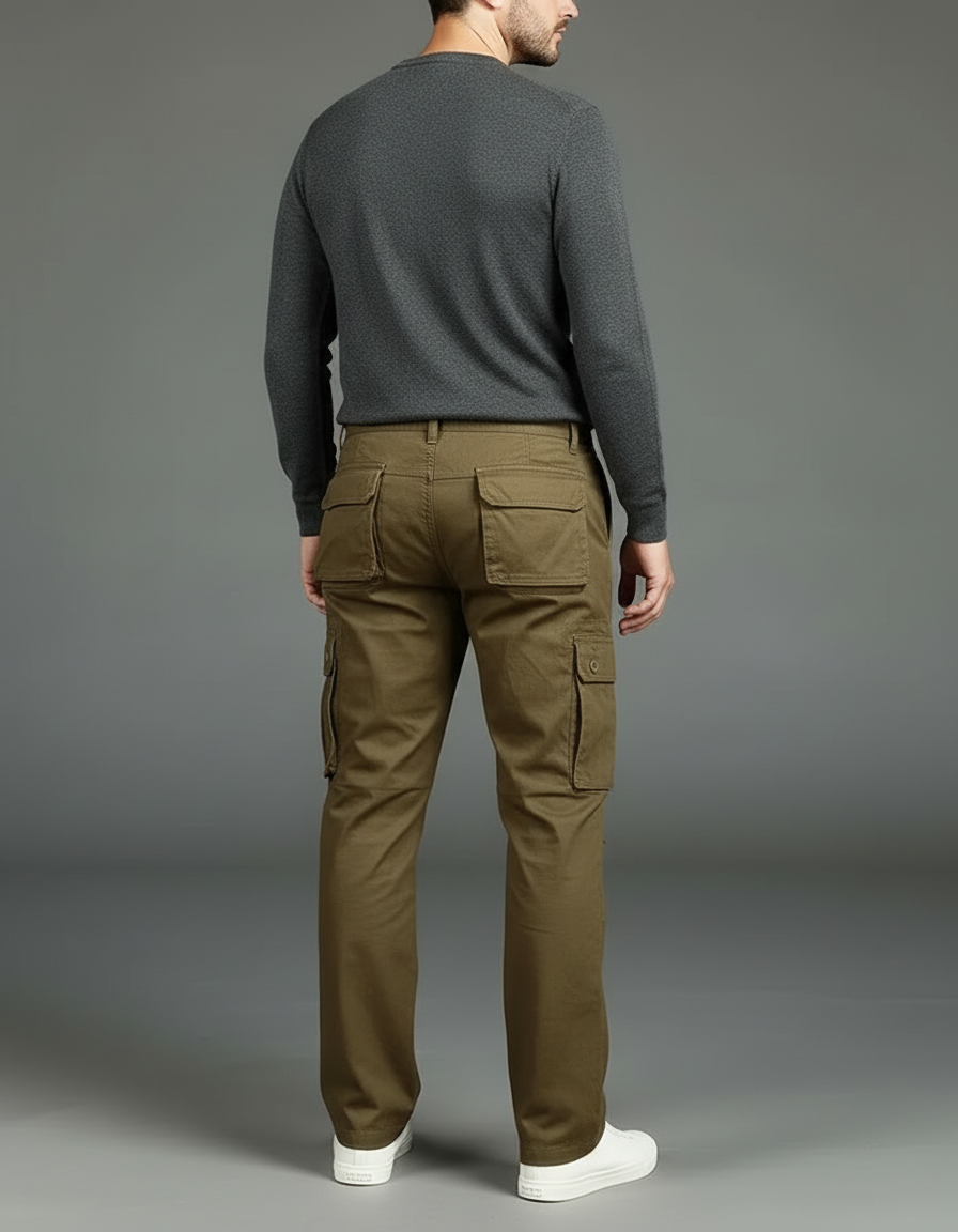 Pantalon Cargo Homme Kaki Coton Ample Multipoches Décontracté - vue 2