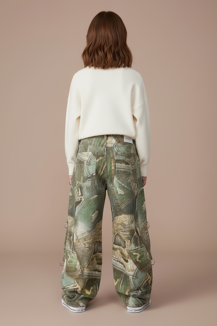 Pantalon Cargo Camouflage Ample Vert Imprimé Fille - Toile - vue 2