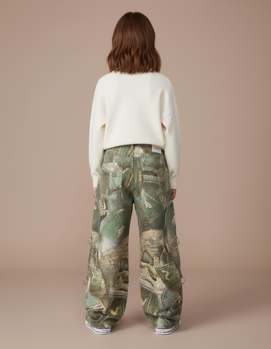 Pantalon Cargo Camouflage Ample Vert Imprimé Fille - Toile - vue 2