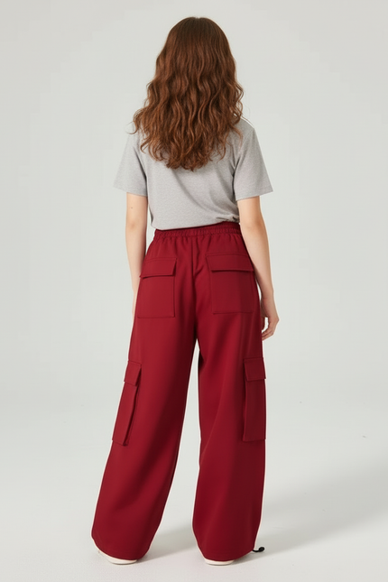 Pantalon Cargo Rouge Ample Rayures Blanches Fille - Bordeaux Polyester - vue 2