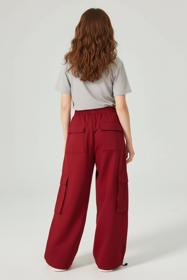 Pantalon Cargo Rouge Ample Rayures Blanches Fille - Bordeaux Polyester - vue 2