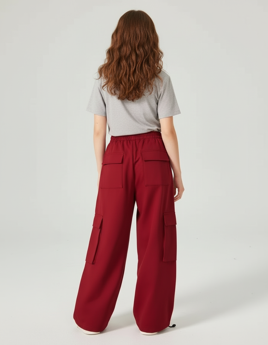 Pantalon Cargo Rouge Ample Rayures Blanches Fille - Bordeaux Polyester - vue 2