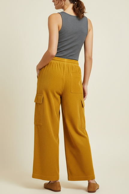 Pantalon Cargo Jaune Côtelé Ample Femme Confortable - Cordé - vue 2