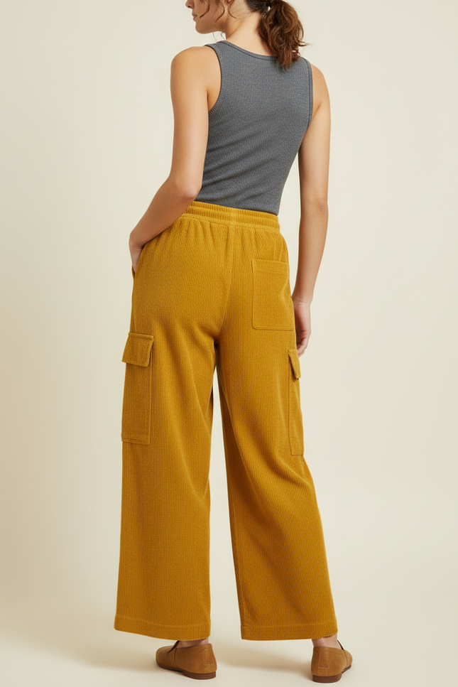Pantalon Cargo Jaune Côtelé Ample Femme Confortable - Cordé - vue 2