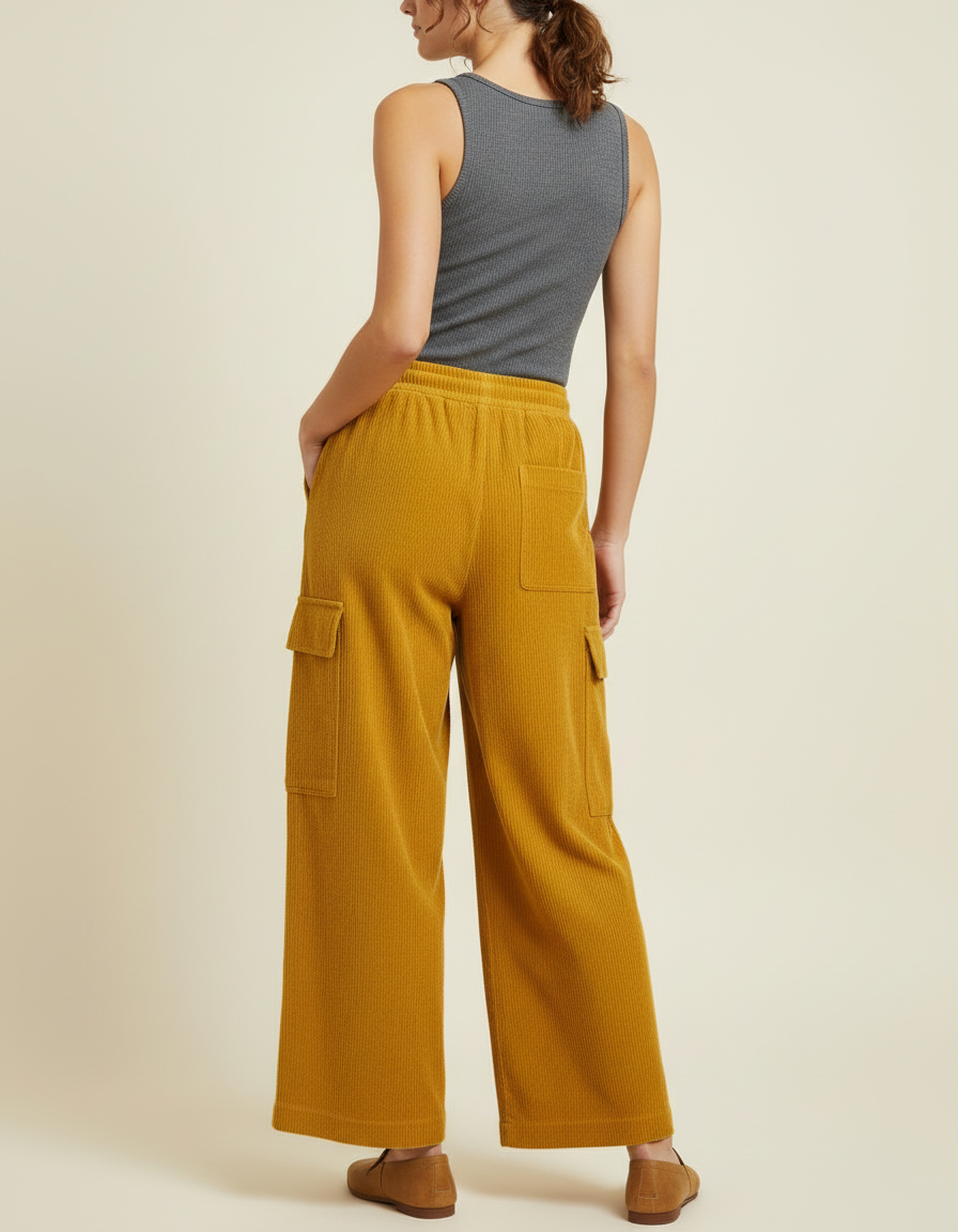 Pantalon Cargo Jaune Côtelé Ample Femme Confortable - Cordé - vue 2