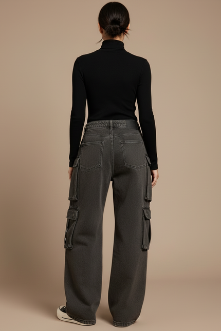 Pantalon Cargo Ample Délavé Multipoches Streetwear Femme - Gris Jean - vue 2