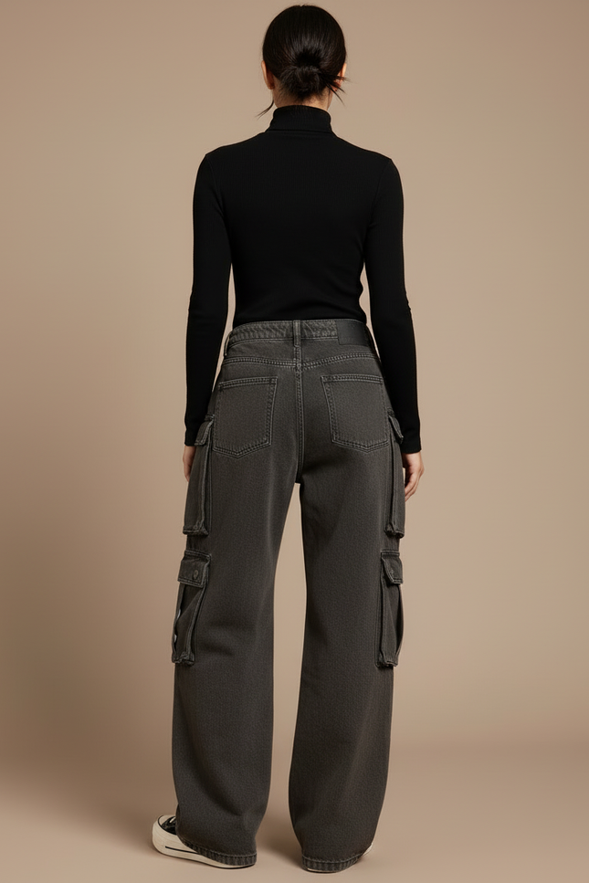 Pantalon Cargo Ample Délavé Multipoches Streetwear Femme - Gris Jean - vue 2