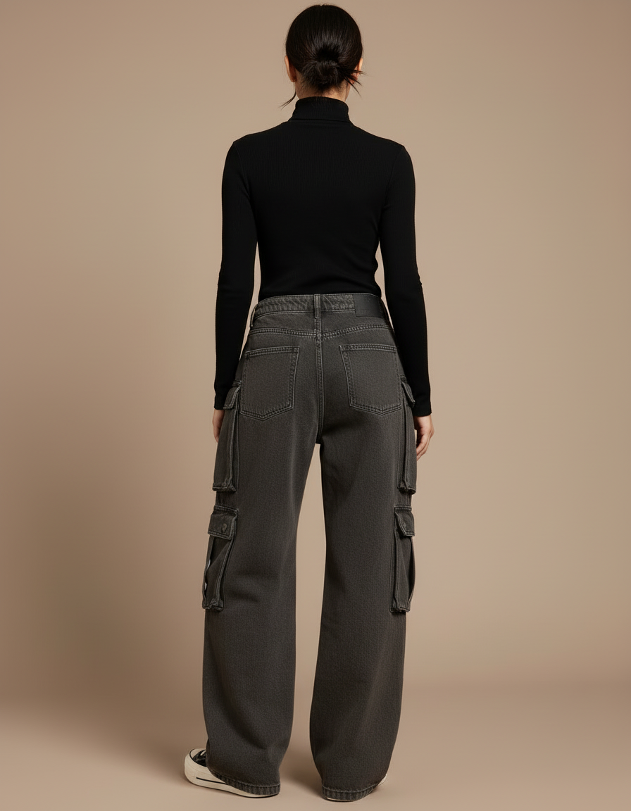 Pantalon Cargo Ample Délavé Multipoches Streetwear Femme - Gris Jean - vue 2