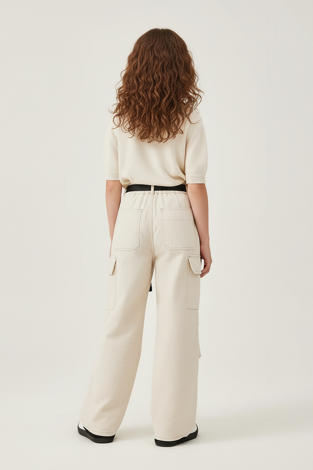 Pantalon Cargo Beige Ample Ceinturé Multipoches Enfant - Toile - vue 2