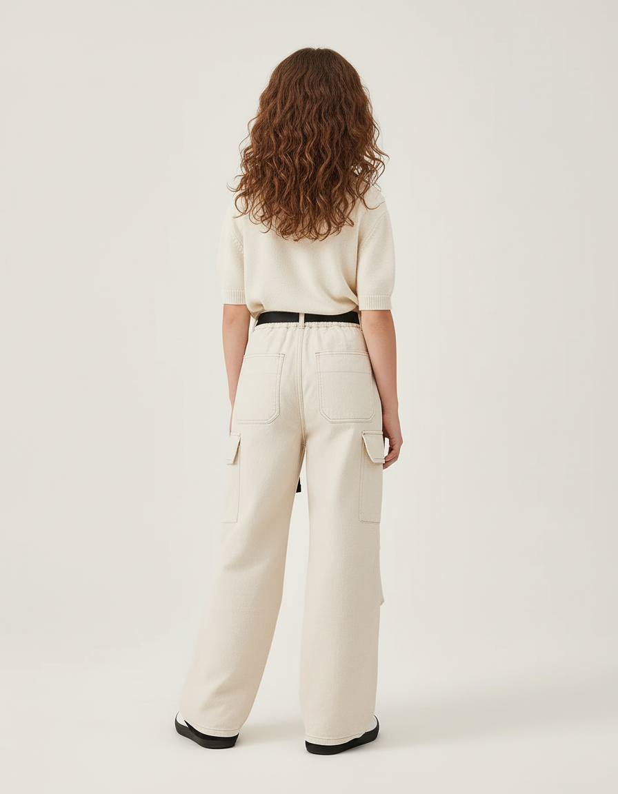 Pantalon Cargo Beige Ample Ceinturé Multipoches Enfant - Toile - vue 2