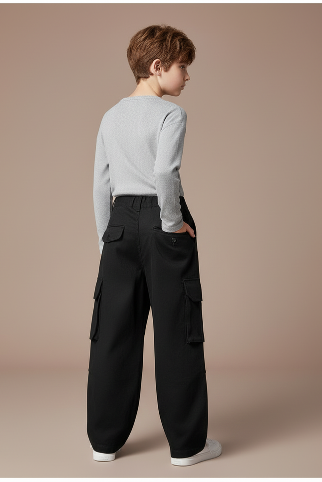 Pantalon Cargo Noir Ample Coton Enfant Garçon - Toile - vue 2