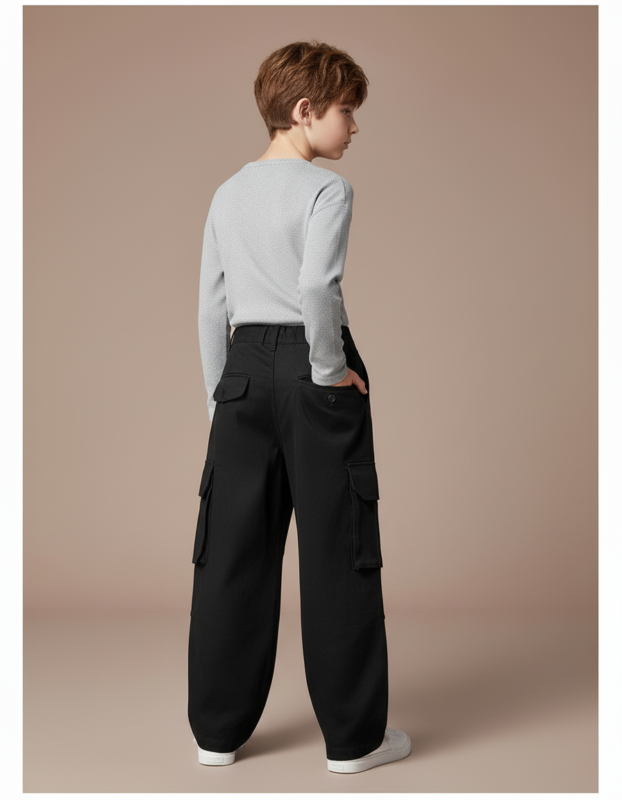 Pantalon Cargo Noir Ample Coton Enfant Garçon - Toile - vue 2