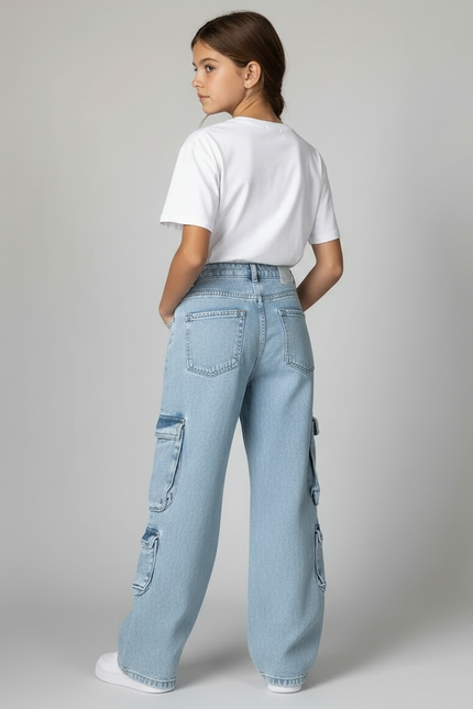Pantalon Cargo Jean Ample Multipoches Décontracté - Bleu - vue 2