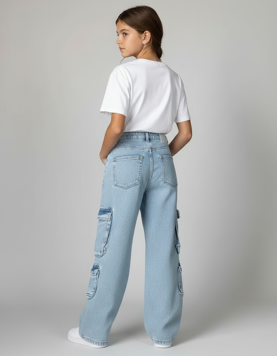 Pantalon Cargo Jean Ample Multipoches Décontracté - Bleu - vue 2