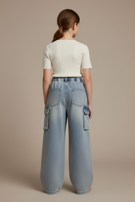 Pantalon Cargo Jean Ample Délavé Multipoches Fille - Bleu - vue 2