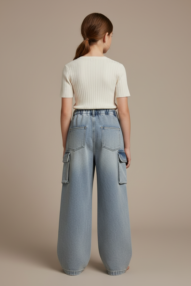 Pantalon Cargo Jean Ample Délavé Multipoches Fille - Bleu - vue 2