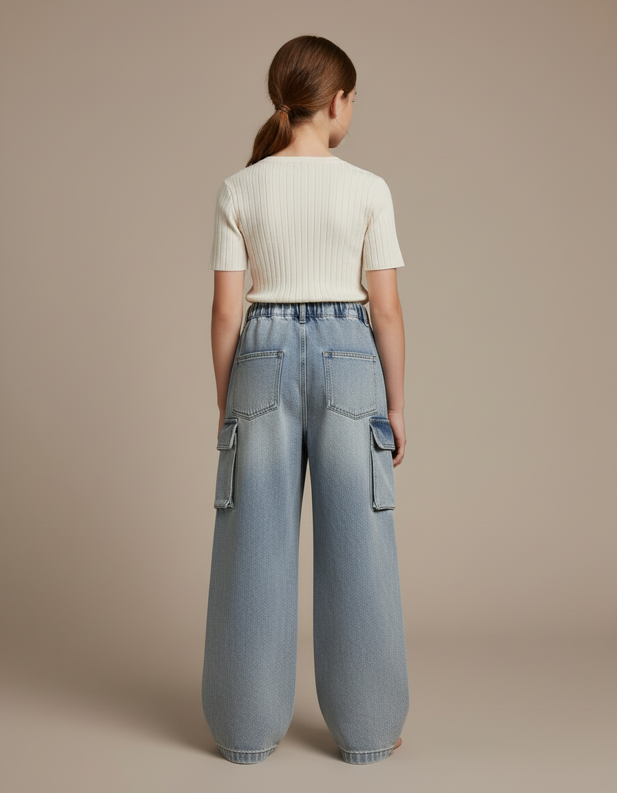 Pantalon Cargo Jean Ample Délavé Multipoches Fille - Bleu - vue 2