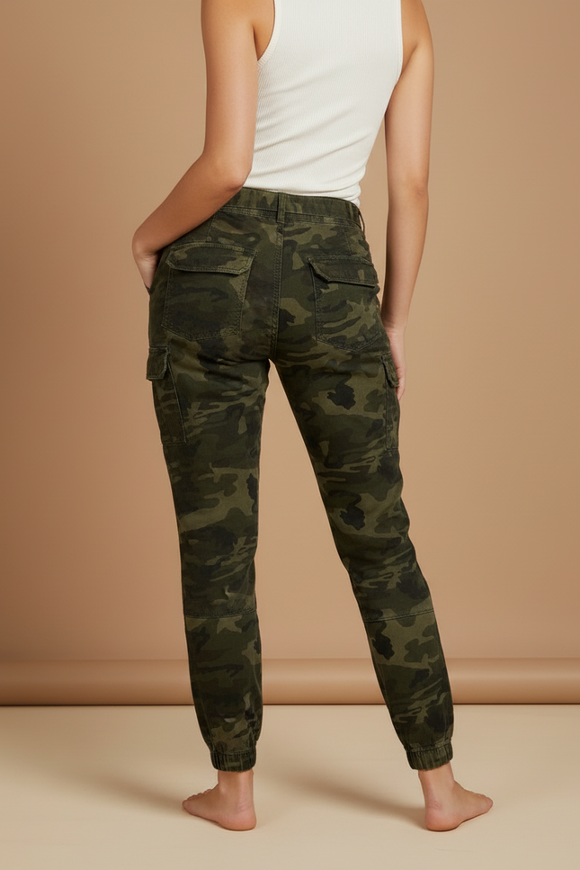 Pantalon Cargo Camouflage Ceinturé Jogger Femme - Vert Coton - vue 2
