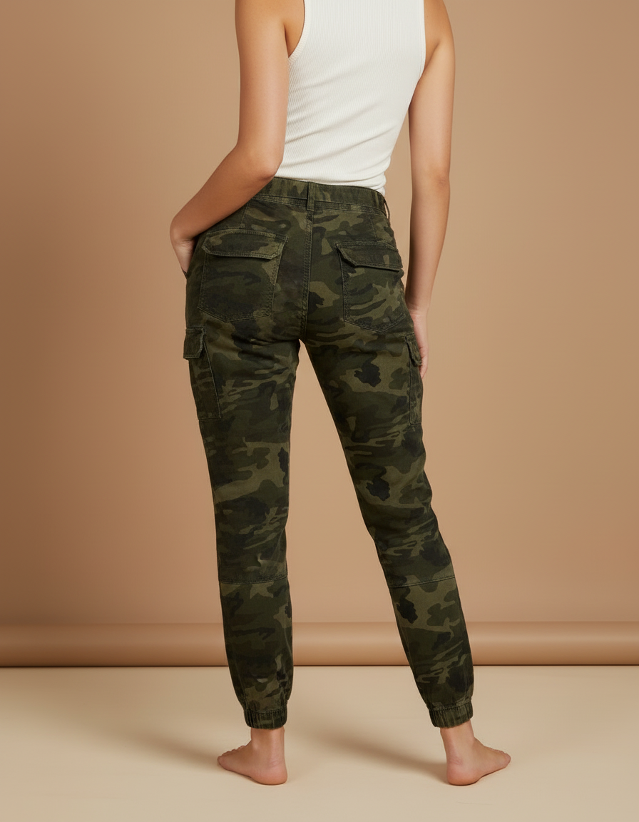 Pantalon Cargo Camouflage Ceinturé Jogger Femme - Vert Coton - vue 2