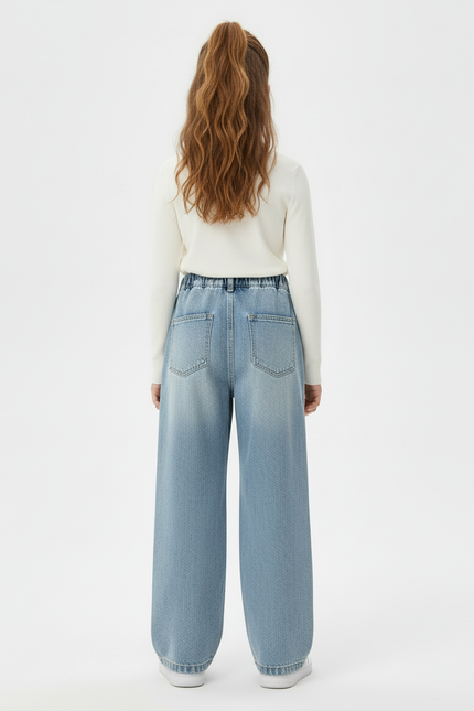 Pantalon Cargo Denim Ample Fille Taille Haute Poches - Bleu Jean - vue 2