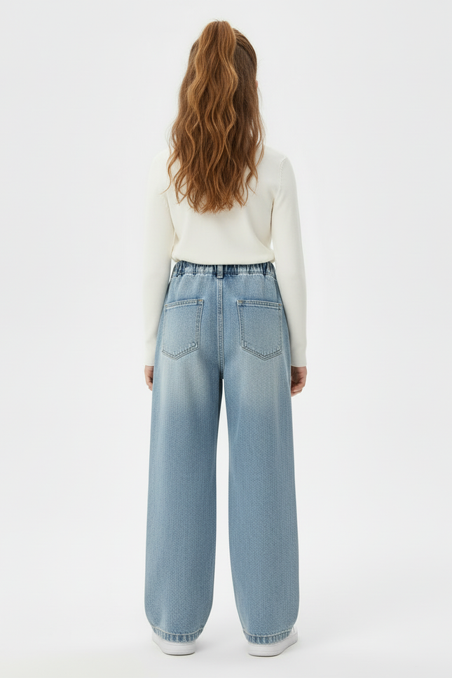 Pantalon Cargo Denim Ample Fille Taille Haute Poches - Bleu Jean - vue 2