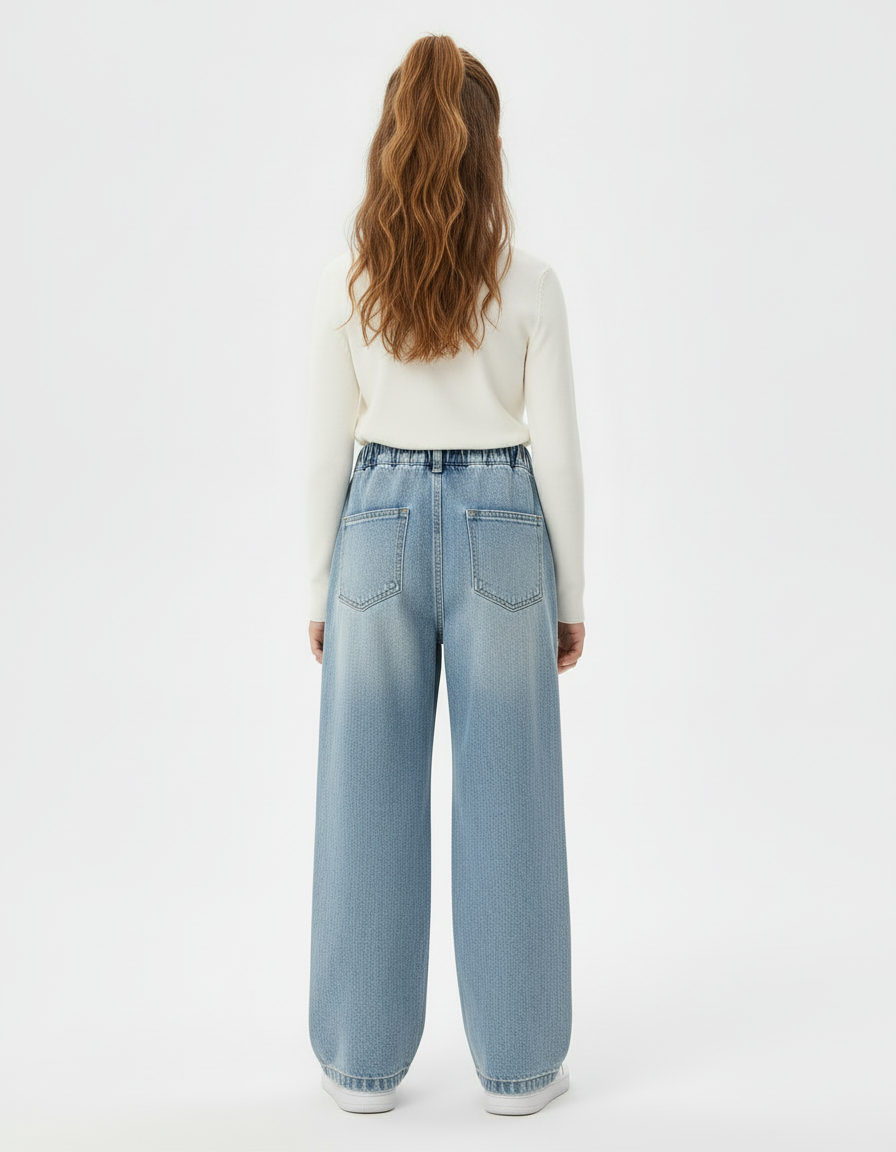 Pantalon Cargo Denim Ample Fille Taille Haute Poches - Bleu Jean - vue 2