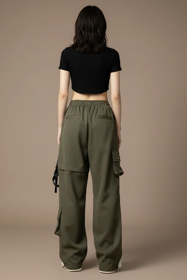 Pantalon Cargo Vert Militaire Ample Sangles Femme - Kaki Polyester - vue 2